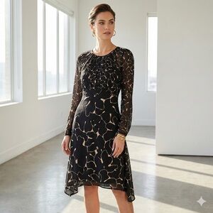 Club Monaco black & cream pattern long sleeve silk midi dress - size 4 (Small)